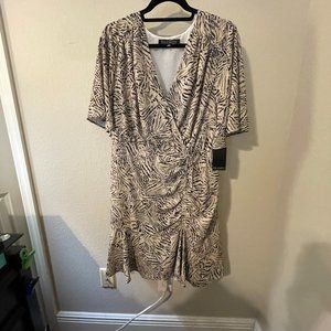 Eloquii Wrap Mini Dress Animal Print Scrunch Tie Waist Ruffle Tan Size 14 NWT
